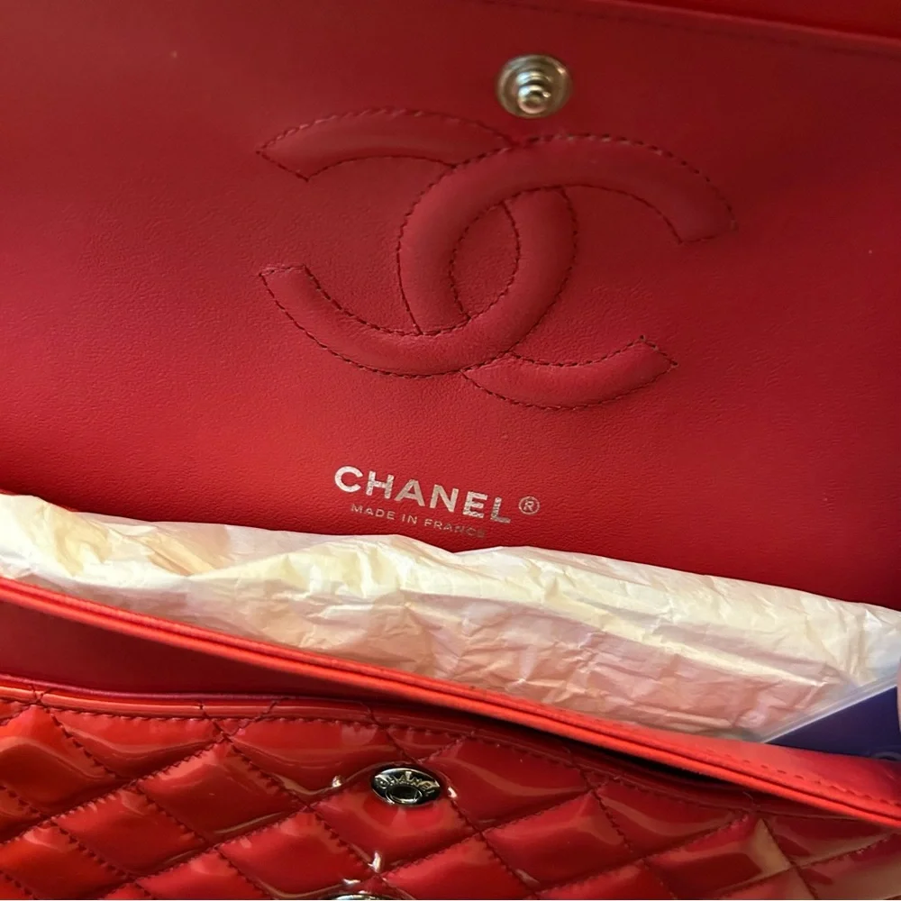 Authentic Chanel Red Patent Leather Medium Classic Double Flap Bag with card